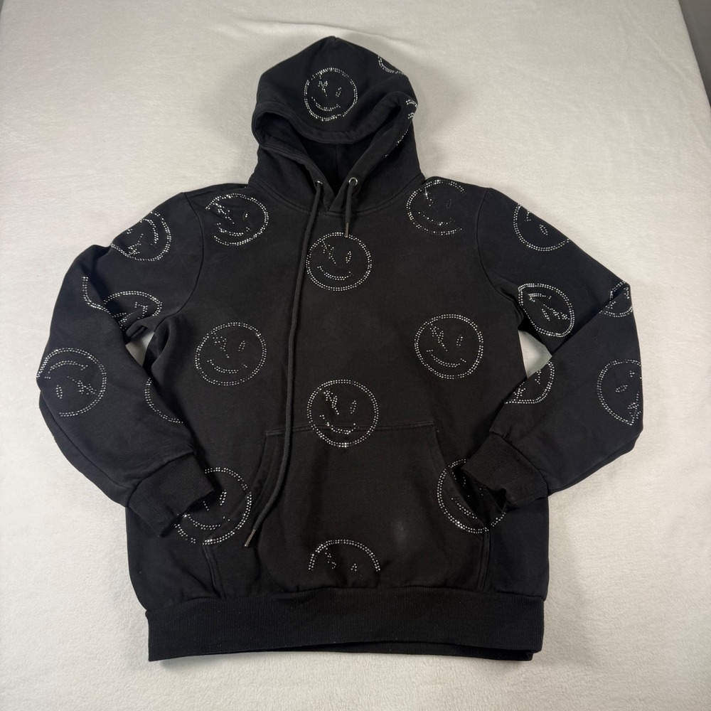 Retro Vert Hoodie Mens Large Black Rhinestone Smiley Face Grunge Streetwear